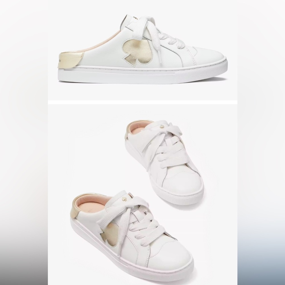♠️Kate Spade Signature Fez Court Leather Mule Sneaker White/Pale Gold